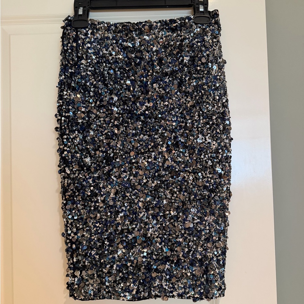 Haute Hippie Black Sequin Pencil Skirt with Silver and Blue Accents